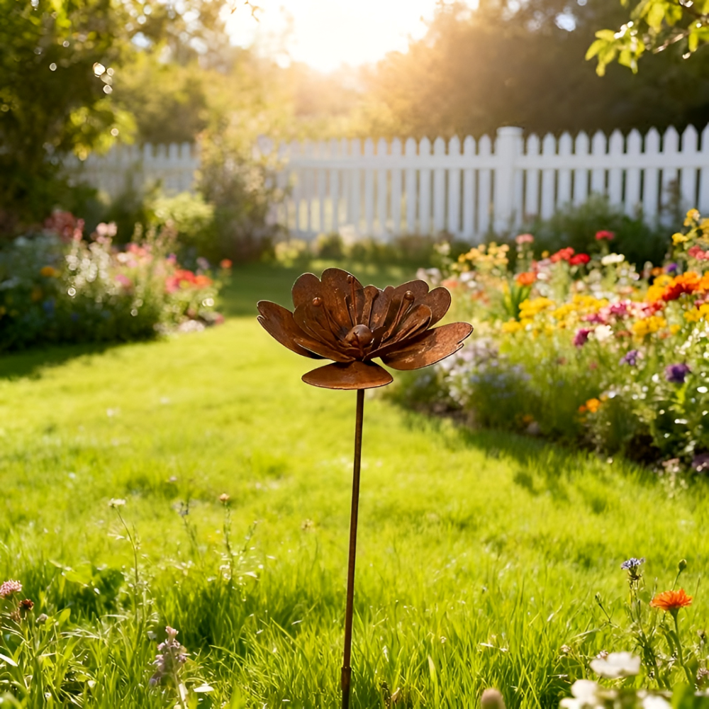 RustBlossom | Rustieke Tuinsteker met Roestige Metalen Bloem & Theelicht, Buiten Tuindecoratie