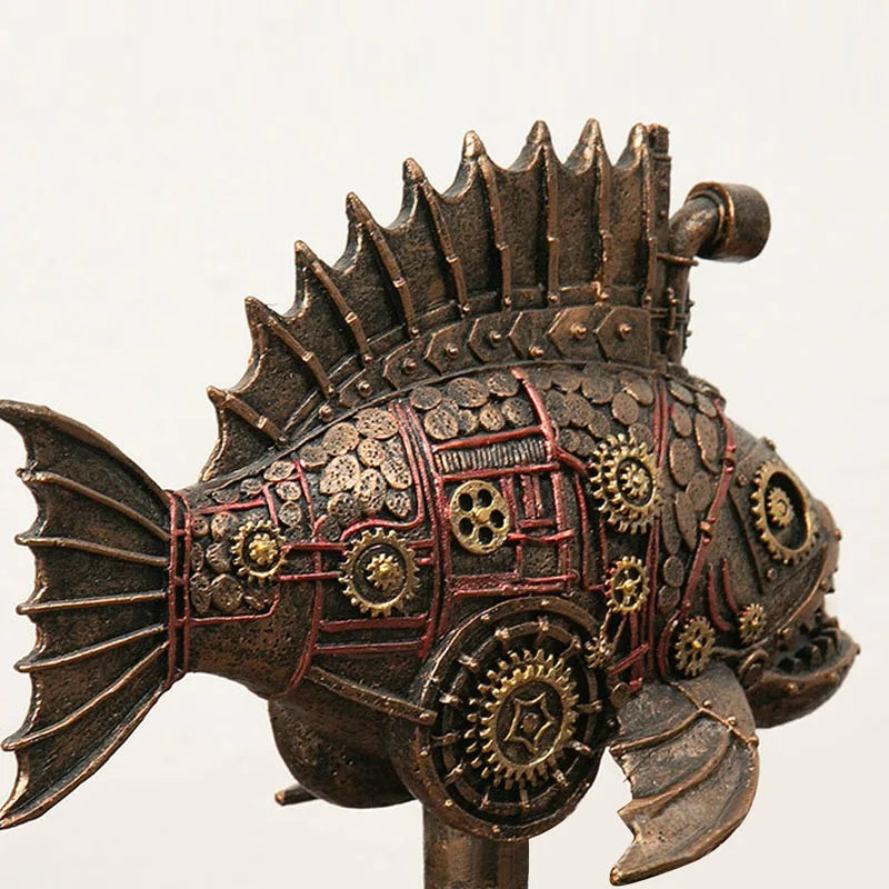 IronFin | Steampunk mechanisch zwartvisbeeldje - metalen visbeeldje met ingewikkelde vistuigdetails