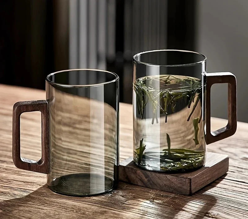 TerraSip | Glazen bekers met walnoothouten handvat – 500 ml hittebestendige koffie- en theemok