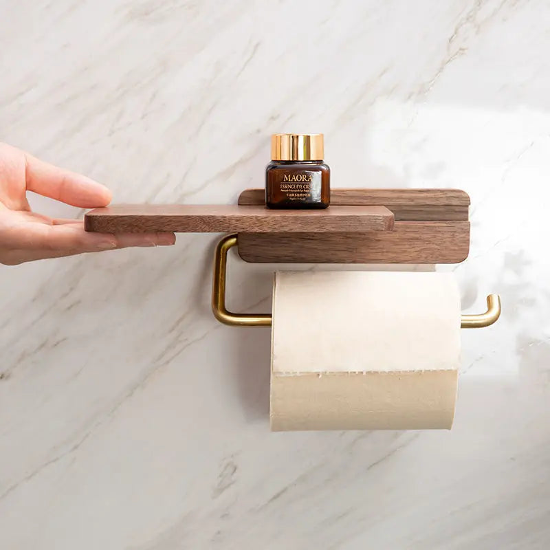 OakHaven | Rustieke houten toiletrolhouder met geïntegreerd plankje – elegante badkameropbergruimte