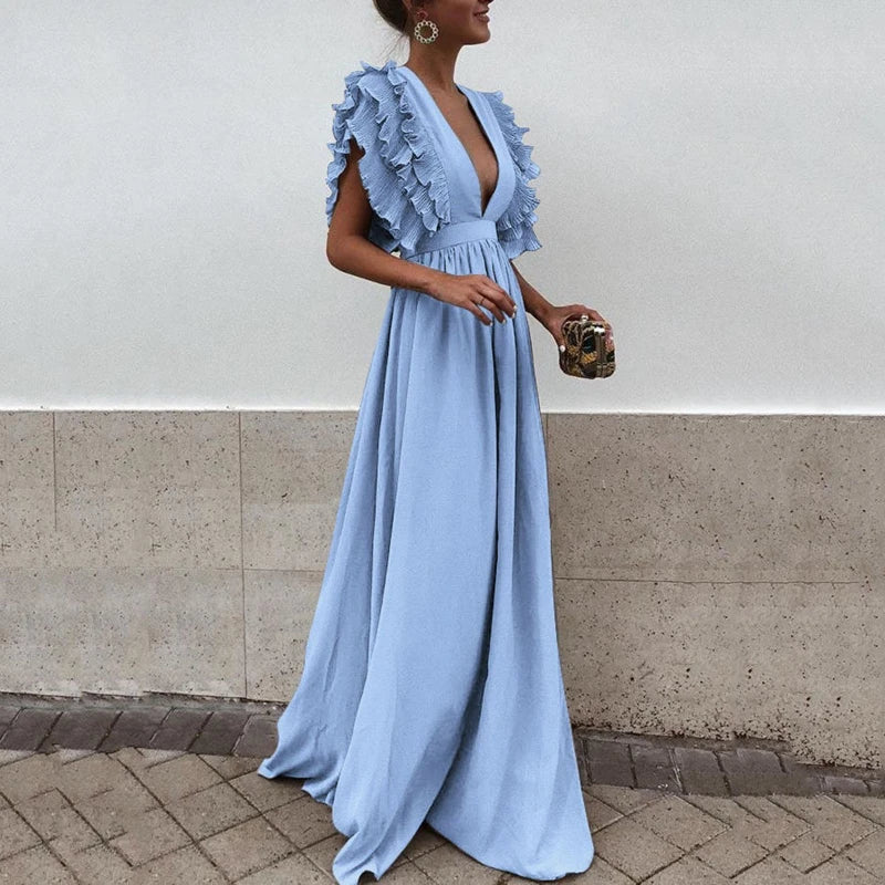 Eryndra | Elegante dames midi jurk met geplooide mouwen – Zwierige formele en casual feestjurk