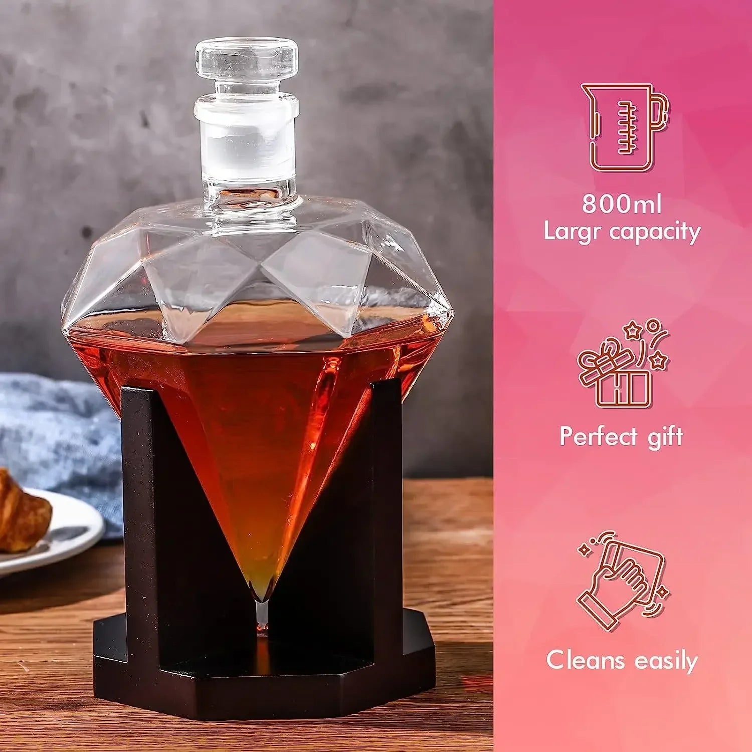 CrystalDrop | Whiskey karaf - Diamant - 1000ml Inhoud met Houten Houder