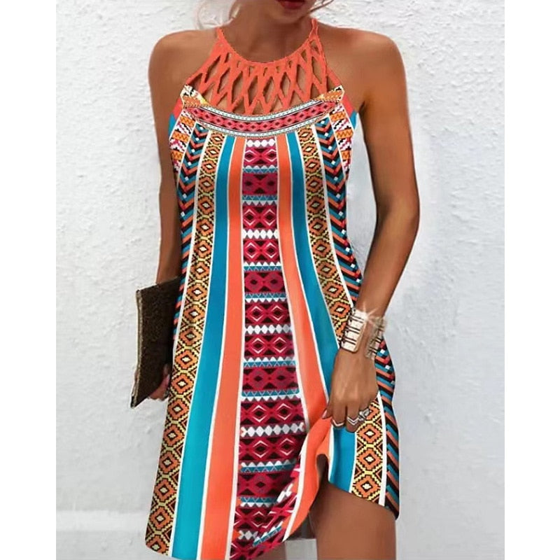 Asha | Chique midi jurk met print voor dames – halter zomerjurk voor strand