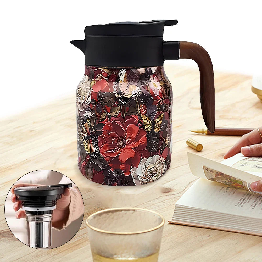 BloomSip | Roestvrijstalen thermoskan met bloemmotief en infuser – houdt thee warm