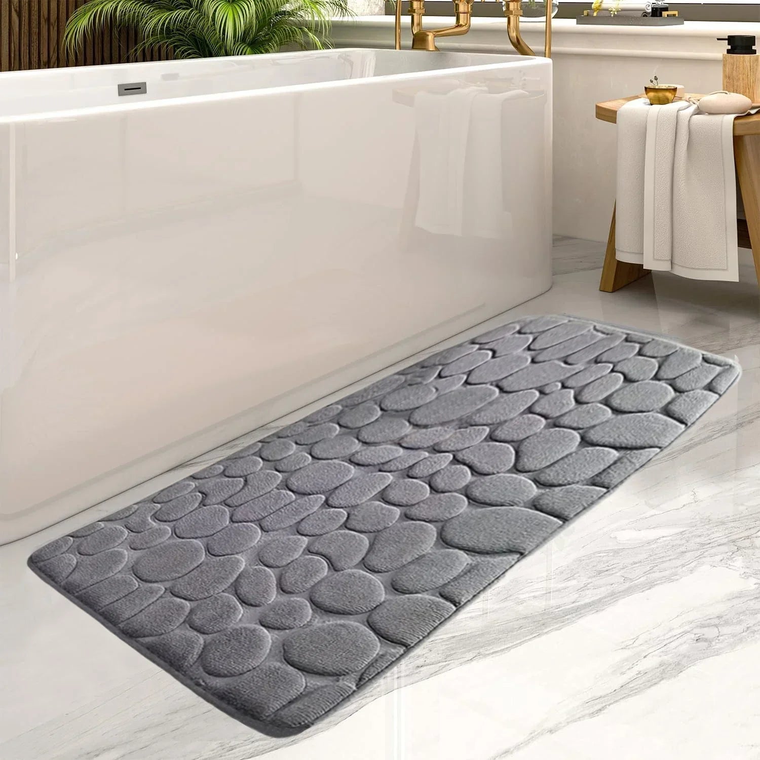 Pebbly | Lange badmat met steenpatroon - superabsorberend, antislip, sneldrogend