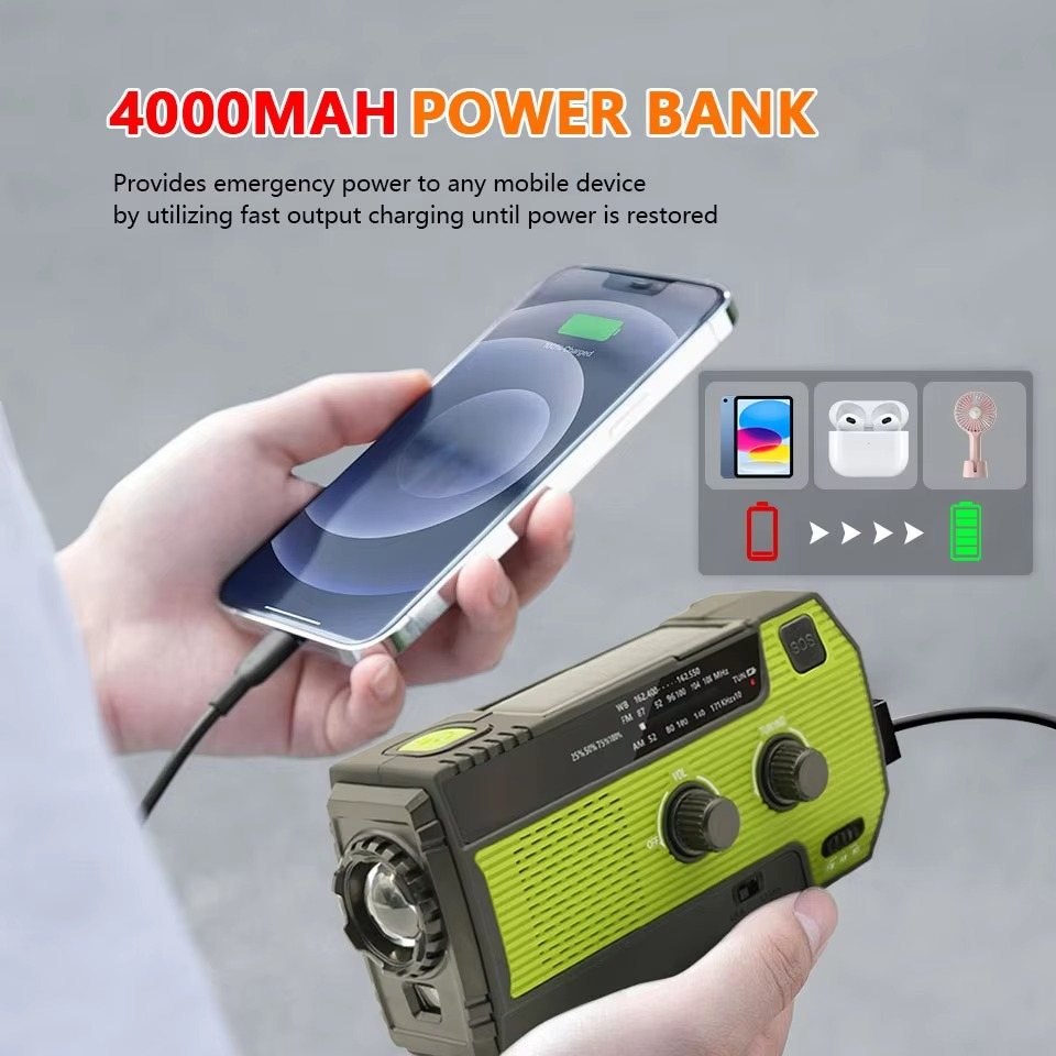 RescueWave | Zonne-noodradio – 5-voudige voeding, handslinger, USB, zonne-energie, batterij, zaklamp en AM/FM-waarschuwing