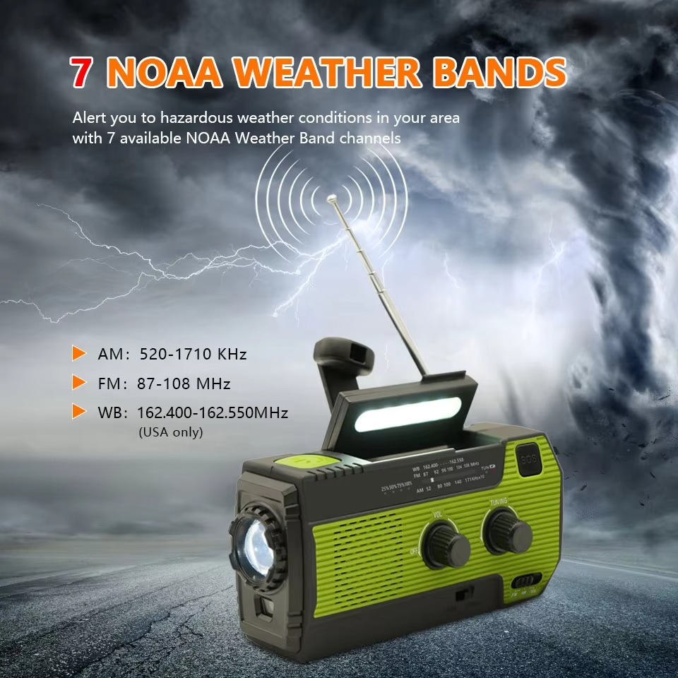 RescueWave | Zonne-noodradio – 5-voudige voeding, handslinger, USB, zonne-energie, batterij, zaklamp en AM/FM-waarschuwing