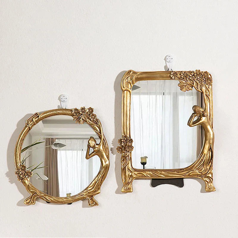 AurumMirror | Gouden kunststof make-upspiegel – Vintage vierkante en ronde make-upspiegel