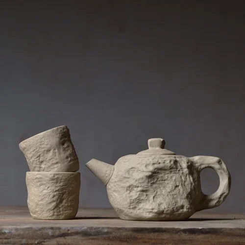 TerraBrew | Ambachtelijke rustieke stenen textuur theepotset – keramische theepot met kopjes, handgemaakt