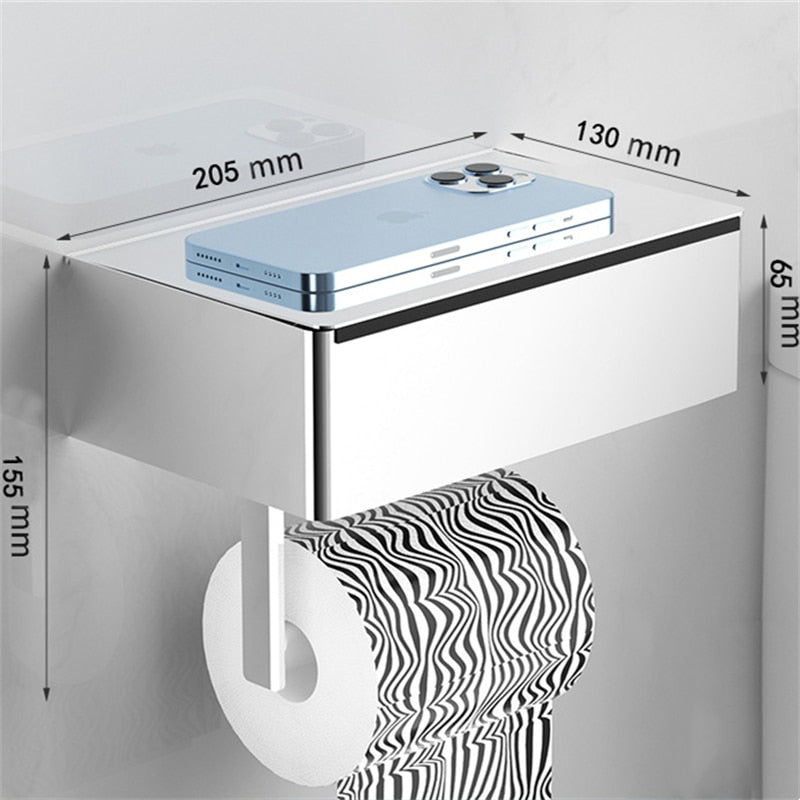 TidyBox | Toiletpapierhouder voor wandmontage met opbergplank, duurzaam staal, ruimtebesparend ontwerp