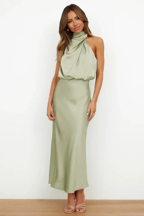 Ayra | Dames satijnen halternek midi-jurk – mouwloze elegante bodycon avond- en feestjurk