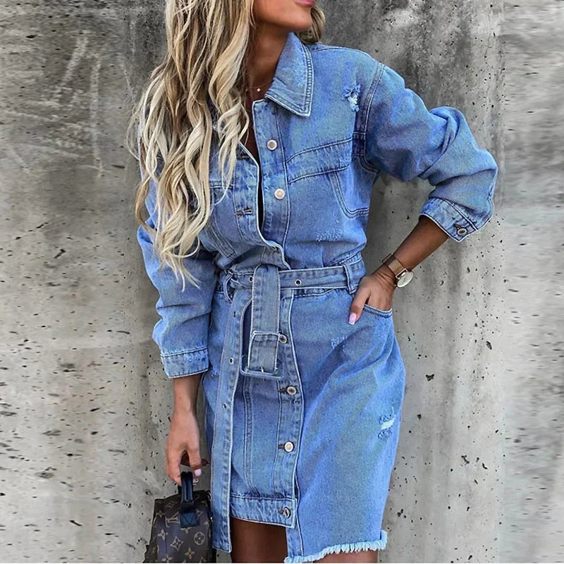 Calyssa | Dames Denim Midi Jurk – Casual Jeansjurk met Knopen aan de Voorkant