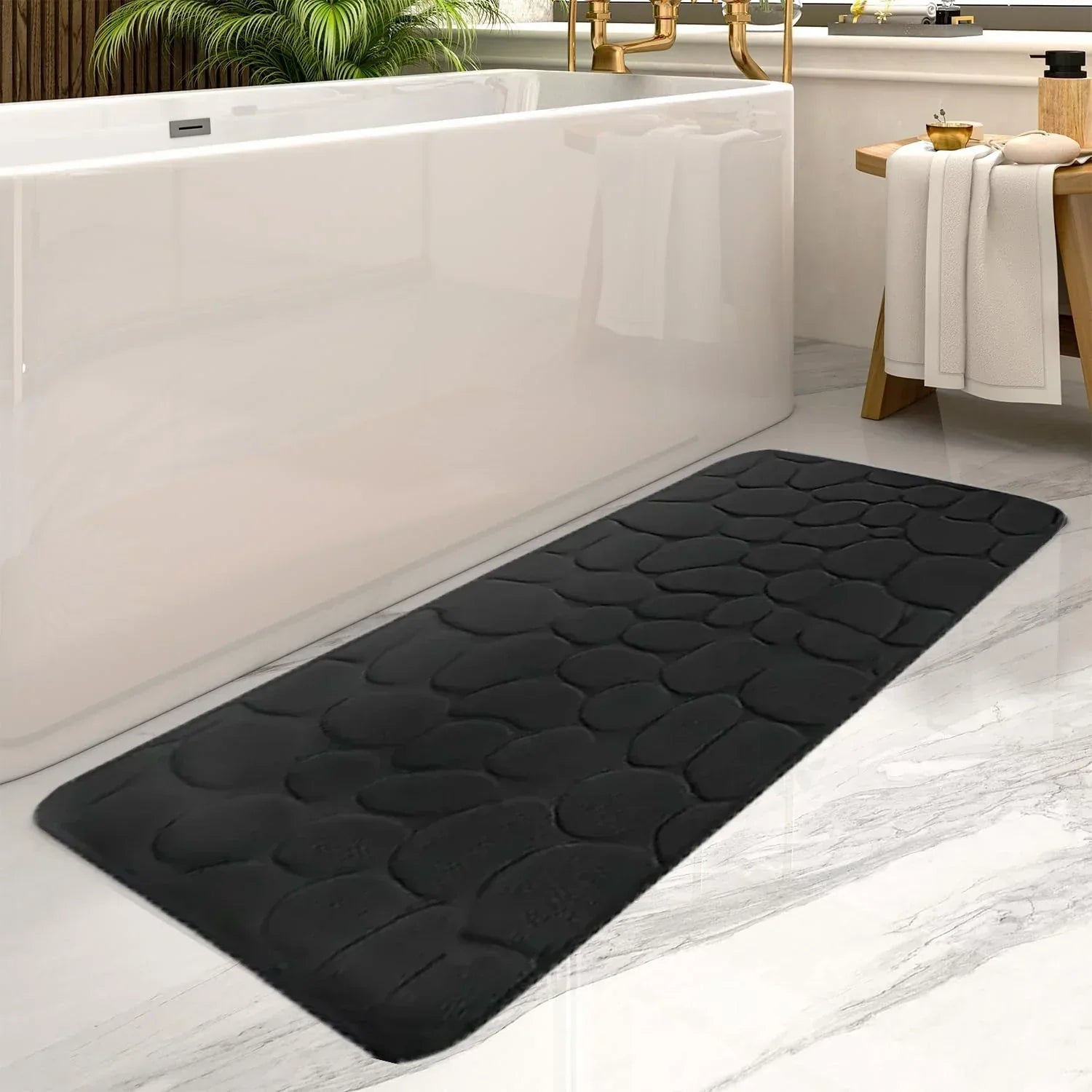 Pebbly | Lange badmat met steenpatroon - superabsorberend, antislip, sneldrogend