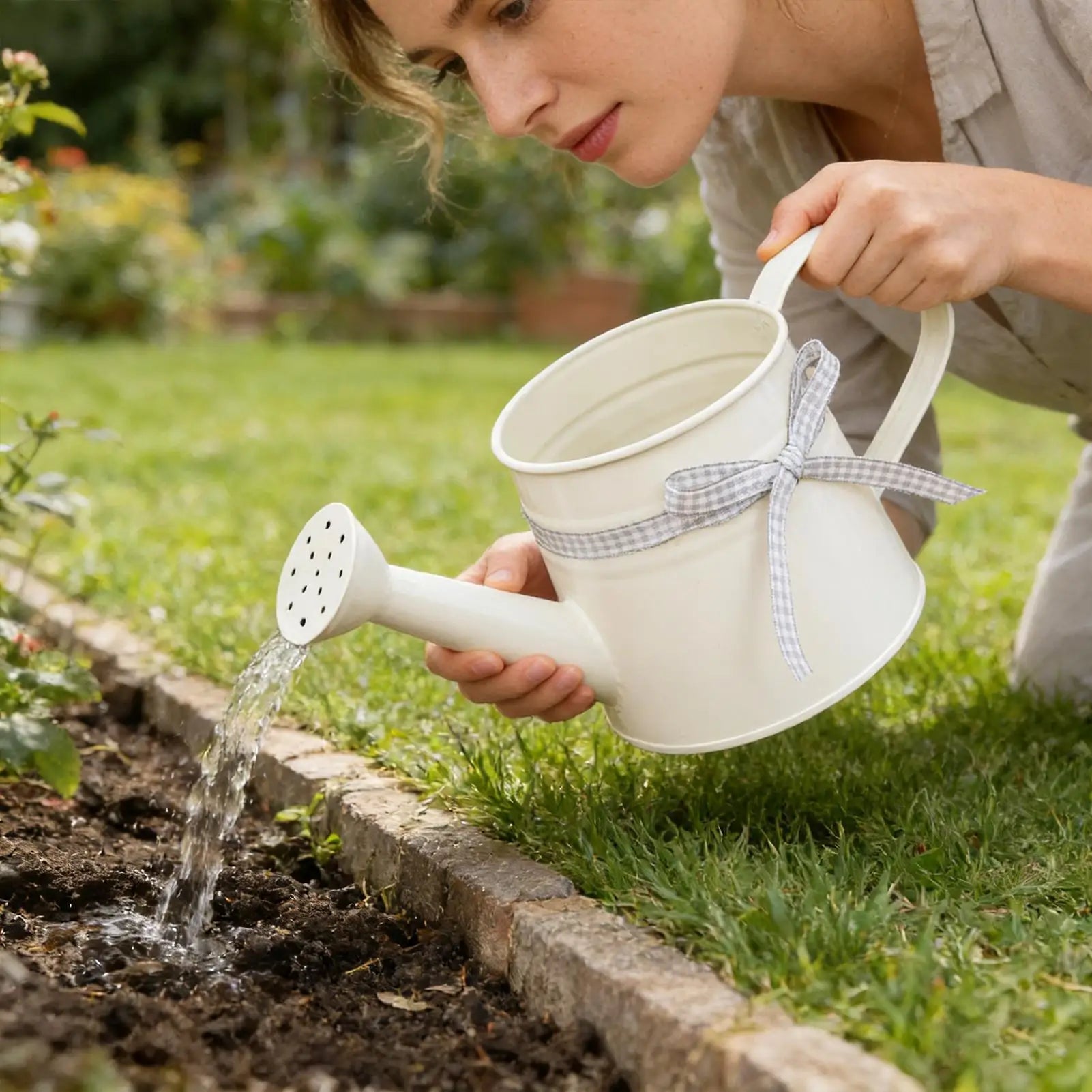 BloomCan | Metalen Gieter met Lint – Geverfd Staal, Decoratief Accessoire voor Tuin & Balkonplanten