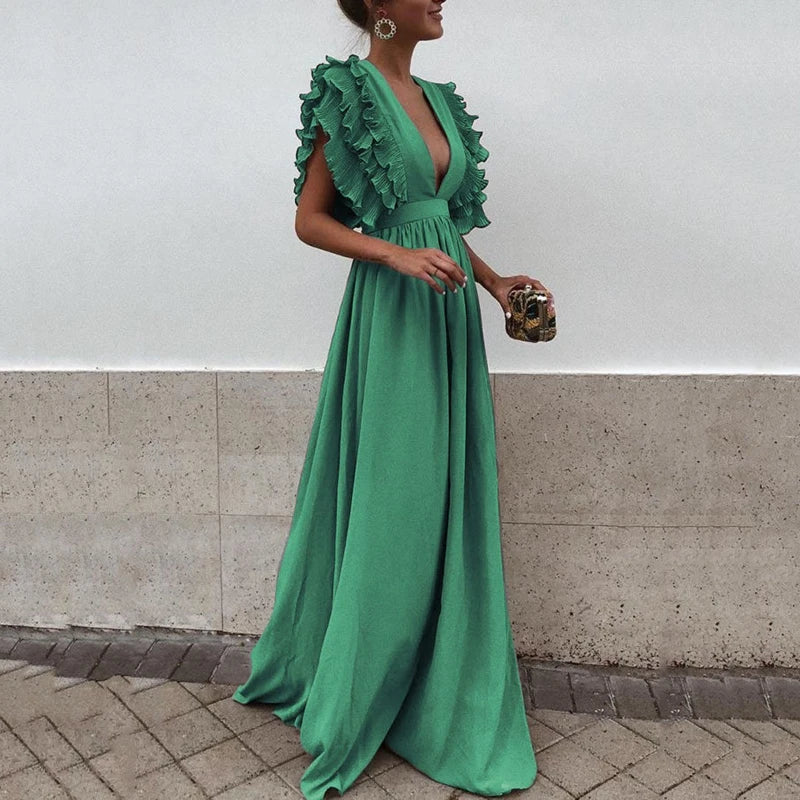 Eryndra | Elegante dames midi jurk met geplooide mouwen – Zwierige formele en casual feestjurk
