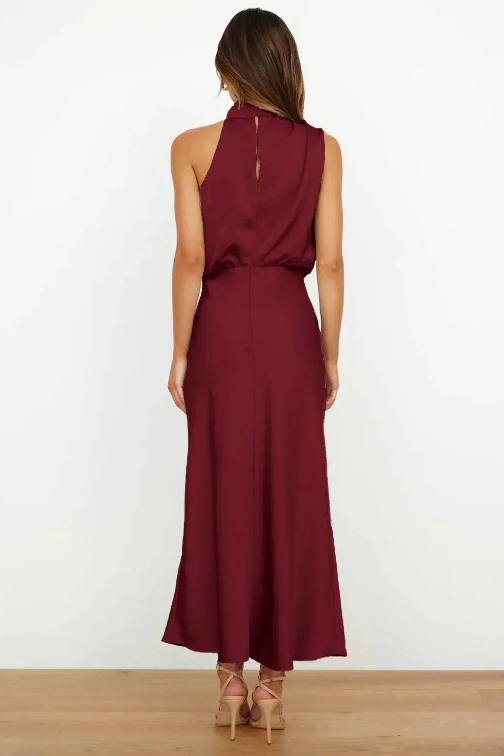 Ayra | Dames satijnen halternek midi-jurk – mouwloze elegante bodycon avond- en feestjurk