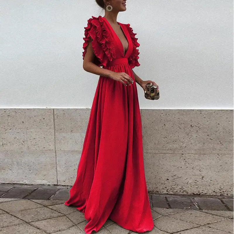 Eryndra | Elegante dames midi jurk met geplooide mouwen – Zwierige formele en casual feestjurk