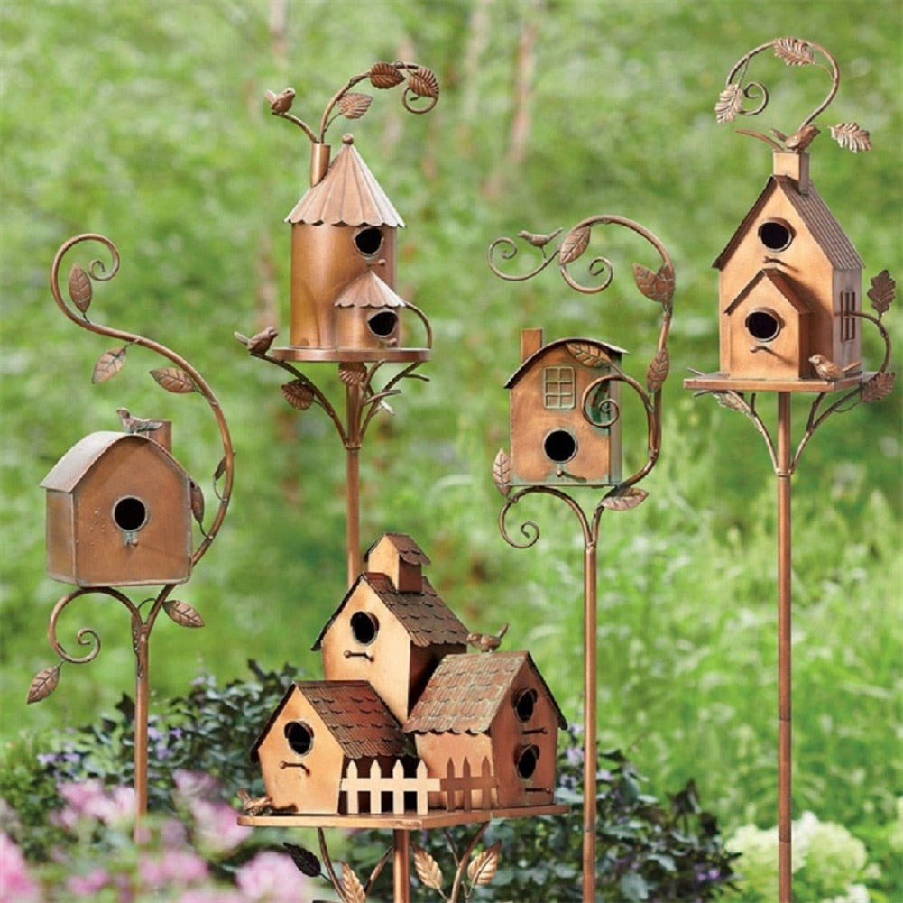 Nestique | Decoratieve metalen vogelhuisje tuinpaal - Handgemaakt Outdoor Tuin Vogelhuis Ornament