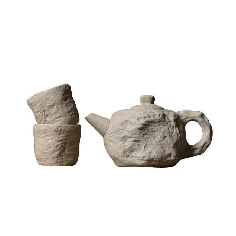 TerraBrew | Ambachtelijke rustieke stenen textuur theepotset – keramische theepot met kopjes, handgemaakt