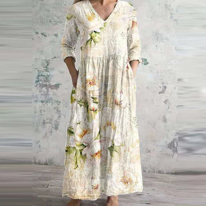Veda | Vintage maxi-jurk met bloemenprint – Elegante, casual zomerjurk met V-hals voor dames