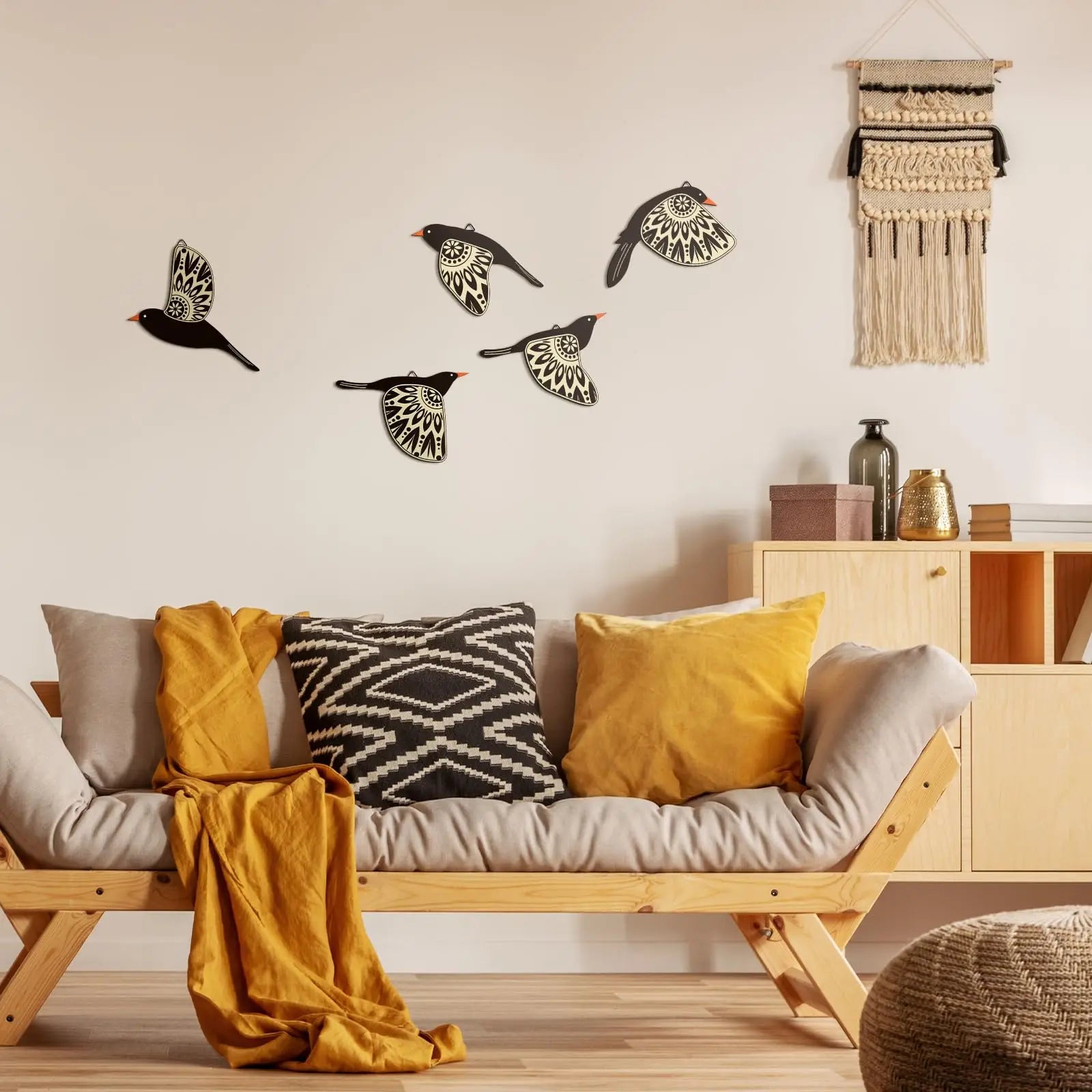 SkyVibe | Geestvogels van harmonie Wanddecoratie – Set van 5 stuks, 3D metalen woondecoratie, handgemaakt, accent voor woonkamer en slaapkamer