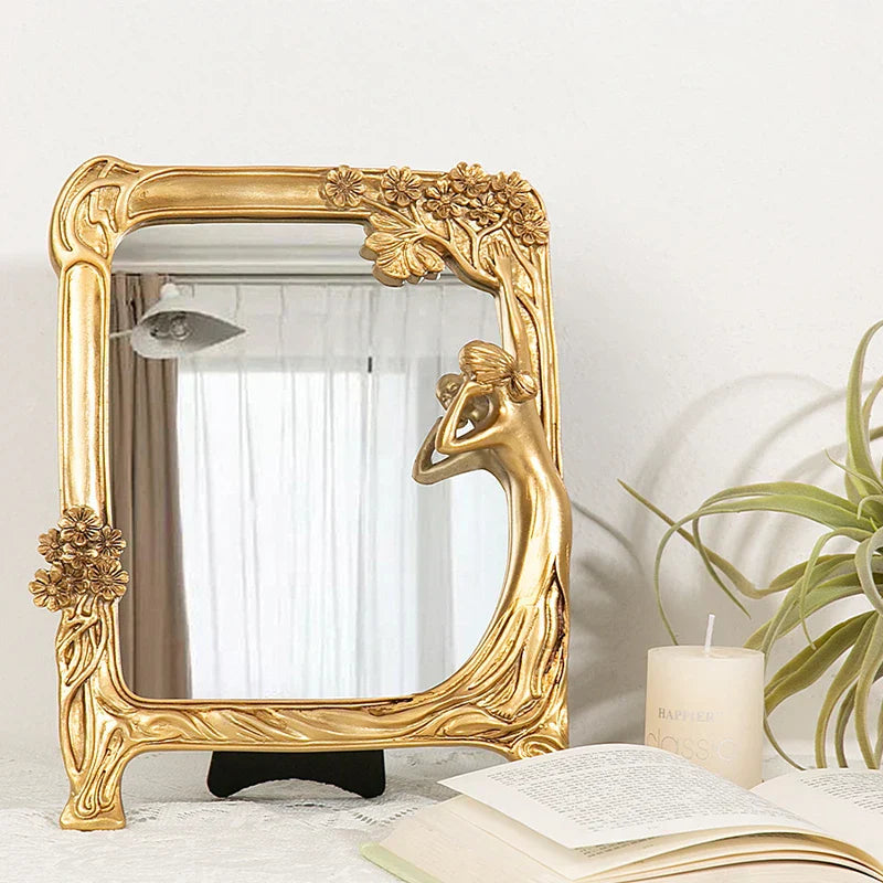 AurumMirror | Gouden kunststof make-upspiegel – Vintage vierkante en ronde make-upspiegel