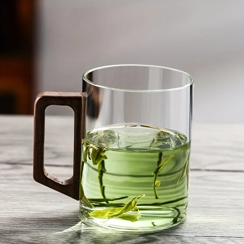 TerraSip | Glazen bekers met walnoothouten handvat – 500 ml hittebestendige koffie- en theemok
