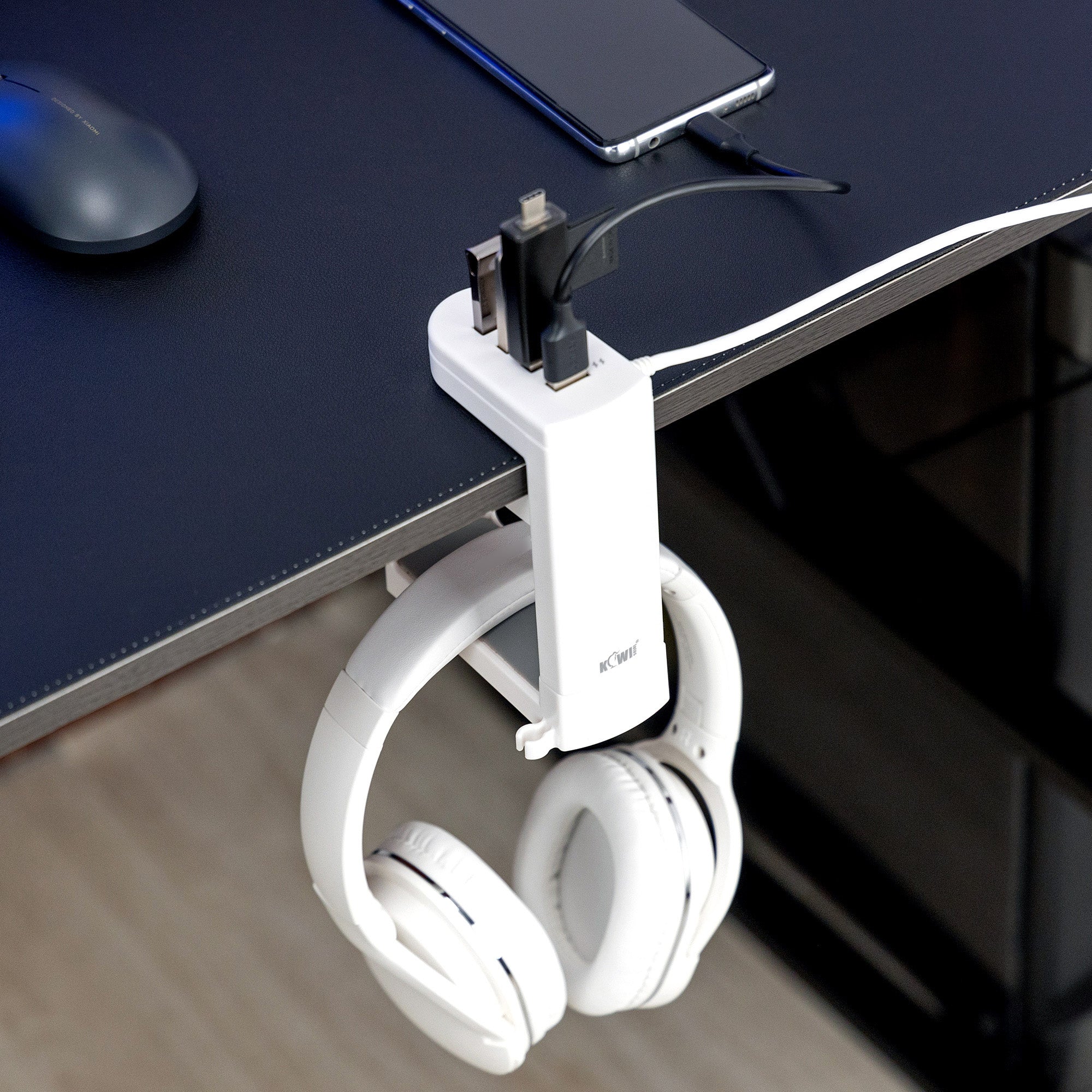 HeadHub | cUSB-hub en headsetrek voor onder het bureau – 4 poorten USB 3.0/2.0, plug-and-play, compacte bureau-organizer voor de werkplek