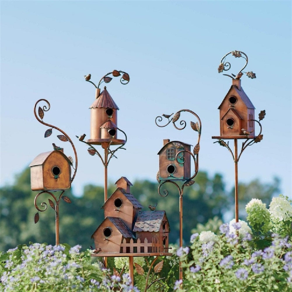 Nestique | Decoratieve metalen vogelhuisje tuinpaal - Handgemaakt Outdoor Tuin Vogelhuis Ornament