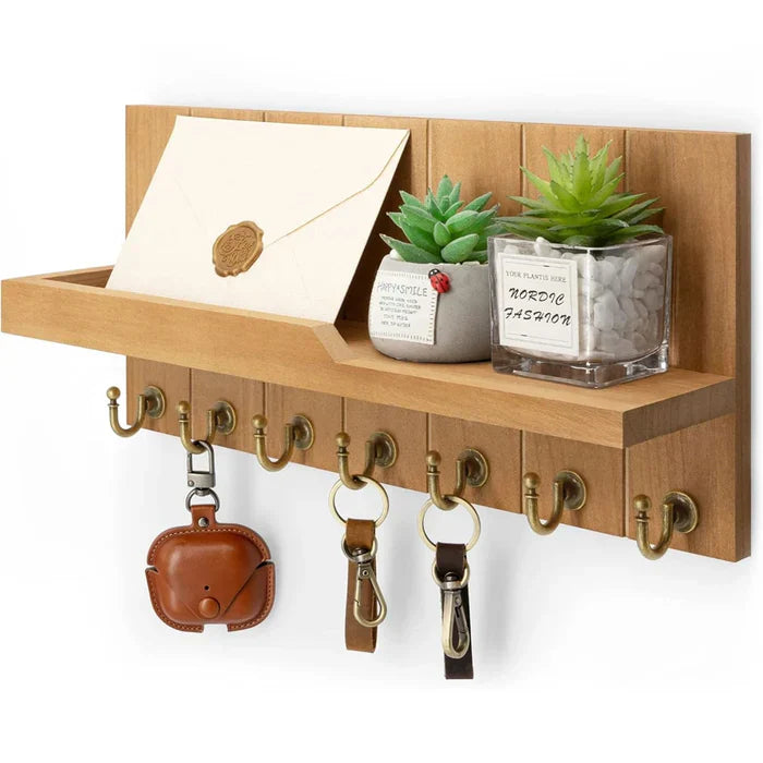 EntryMate | Houten Sleutelhouder met Plank – Wandgemonteerd, 7 Haken, Stijlvolle Organisatie