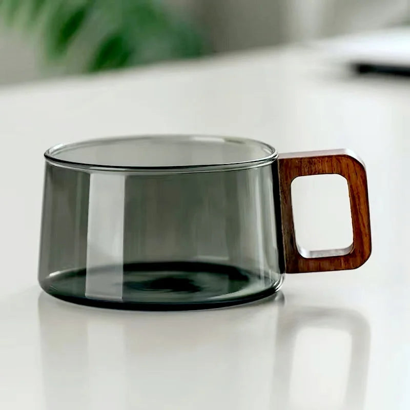 OakSip | Hittebestendige glazen koffie- en theemok van 200 ml met houten handvat – Handgemaakte latte-kop