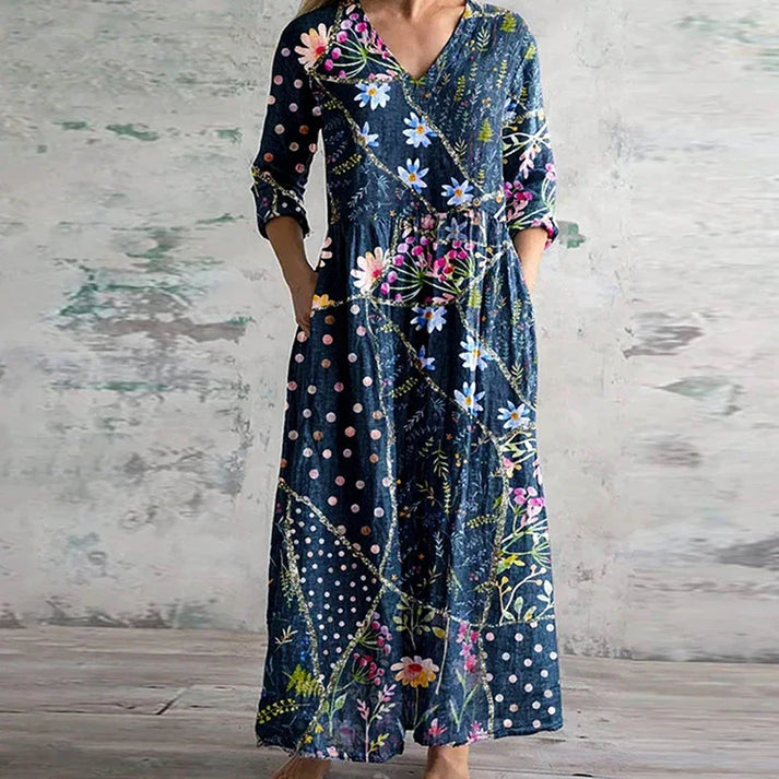 Veda | Vintage maxi-jurk met bloemenprint – Elegante, casual zomerjurk met V-hals voor dames