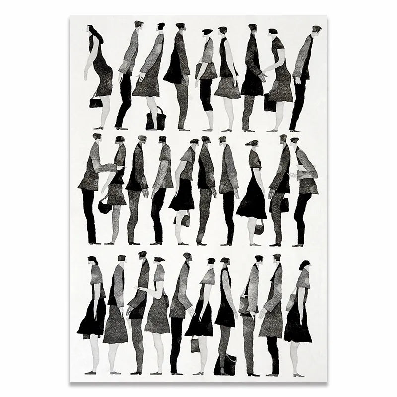 UrbanMingle | Moderne Abstracte Menigte Canvas Muurkunst - Scandinavische Minimalistische Mensen Schilderen