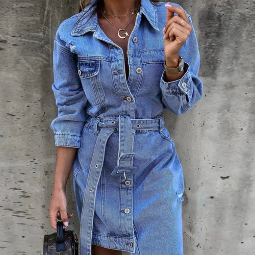 Calyssa | Dames Denim Midi Jurk – Casual Jeansjurk met Knopen aan de Voorkant