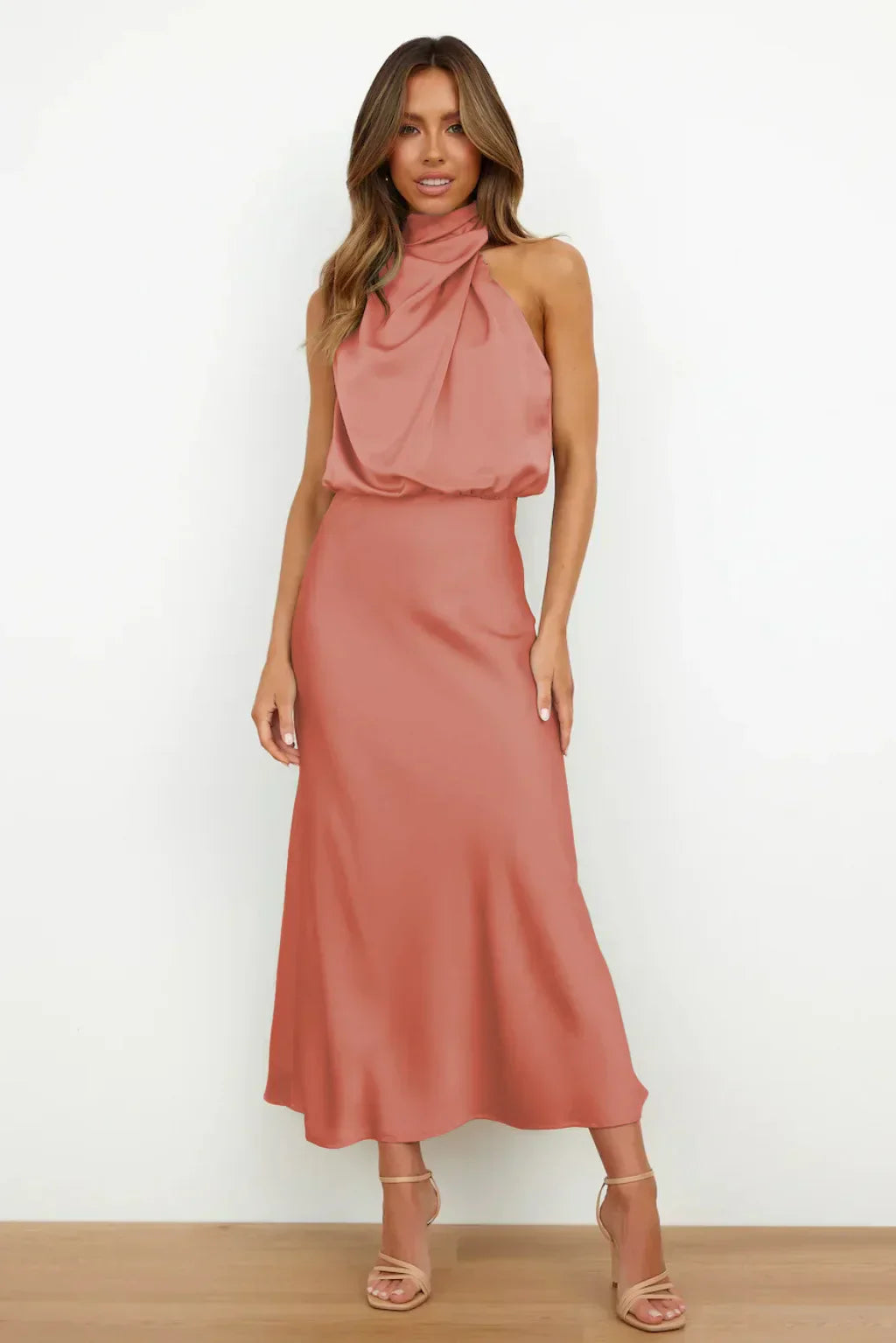 Ayra | Dames satijnen halternek midi-jurk – mouwloze elegante bodycon avond- en feestjurk