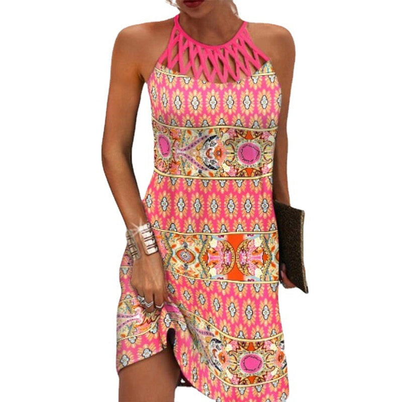 Asha | Chique midi jurk met print voor dames – halter zomerjurk voor strand