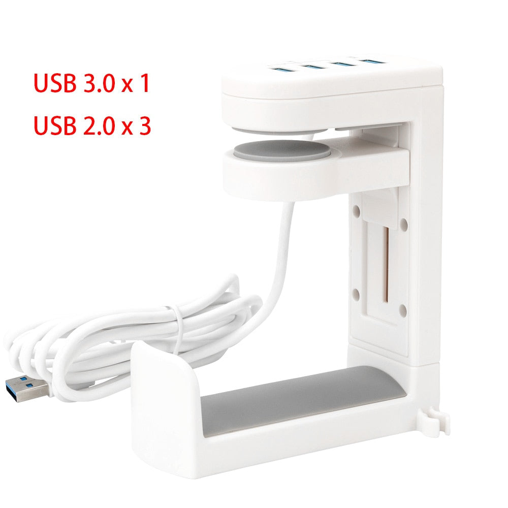 HeadHub | cUSB-hub en headsetrek voor onder het bureau – 4 poorten USB 3.0/2.0, plug-and-play, compacte bureau-organizer voor de werkplek