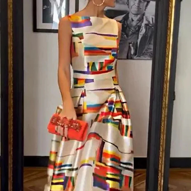 Felyn | Elegante jurk met print voor dames – Geometrische midi-jurk voor zomerse avonden