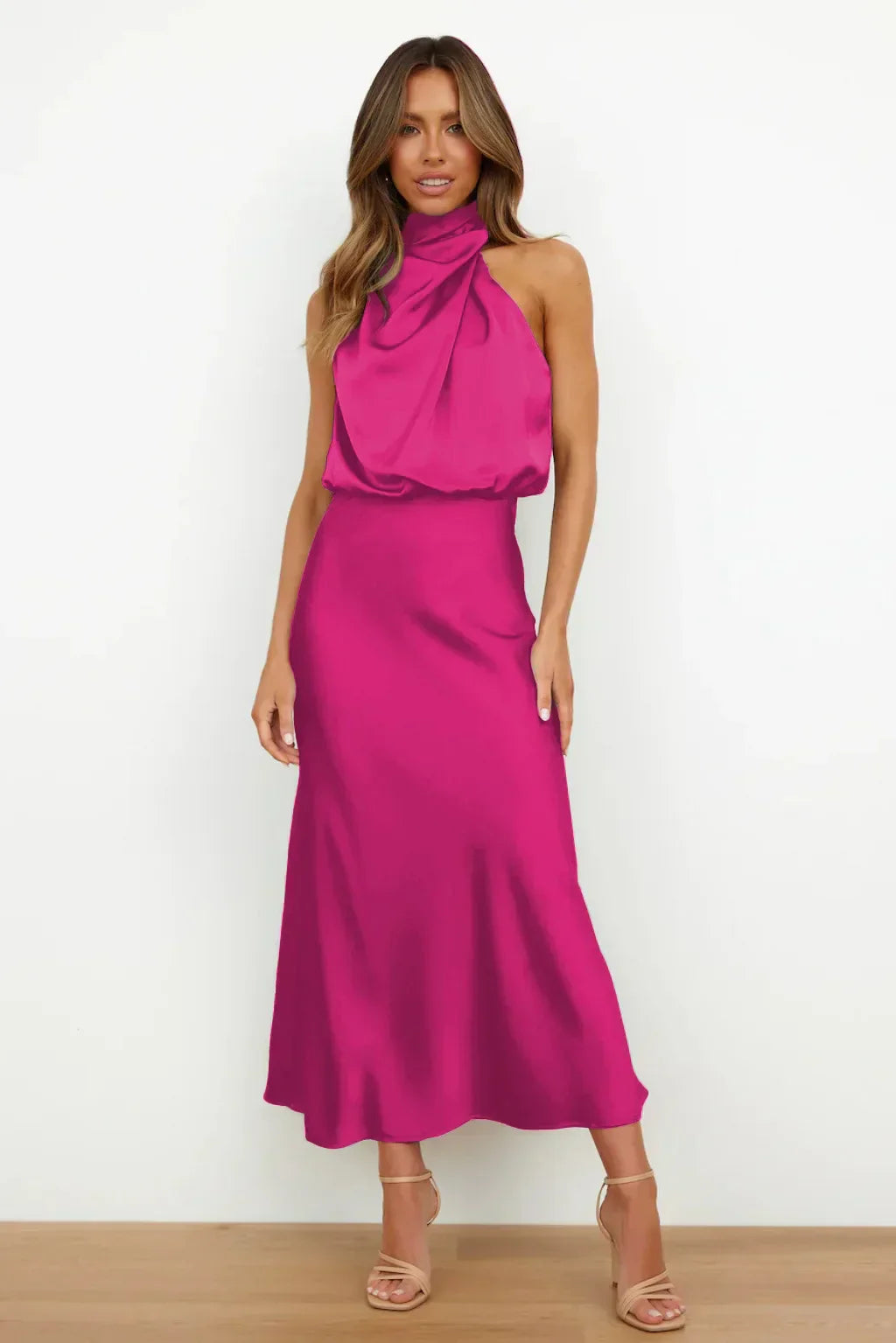 Ayra | Dames satijnen halternek midi-jurk – mouwloze elegante bodycon avond- en feestjurk