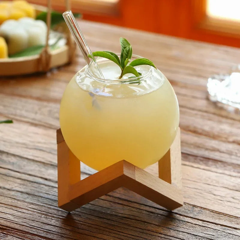 OrbDrink | 500ml bolglas met houten standaard, creatief uniek drinkglas