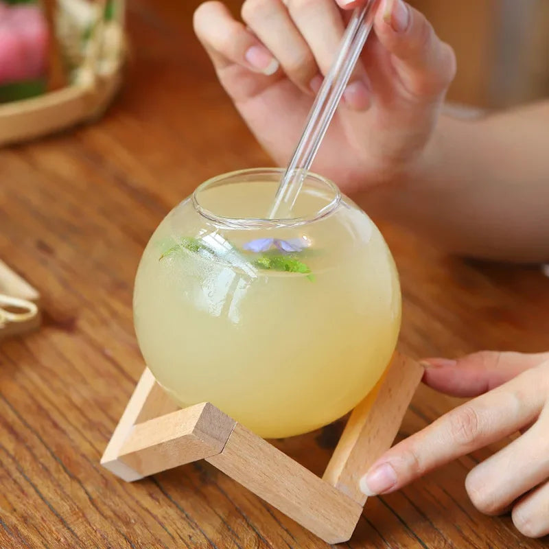 OrbDrink | 500ml bolglas met houten standaard, creatief uniek drinkglas