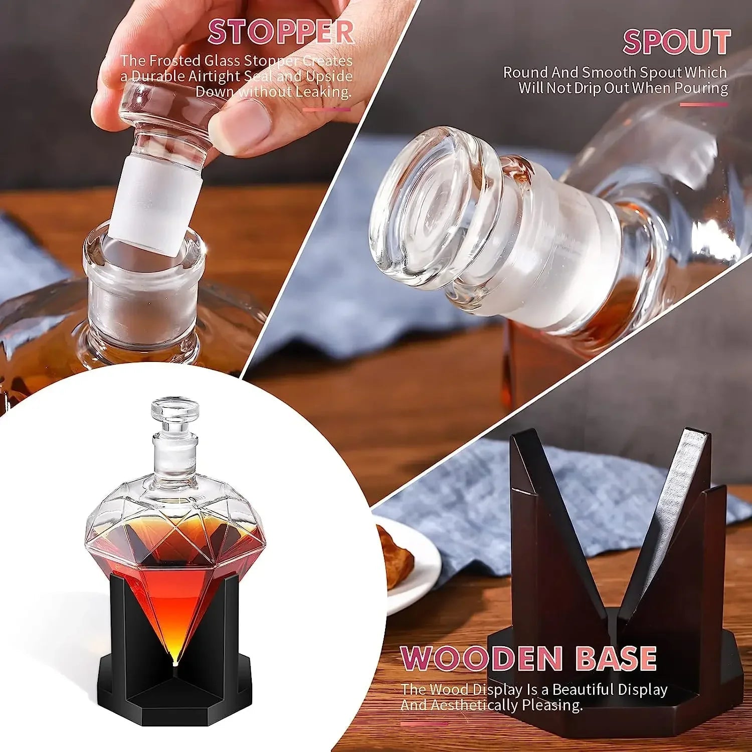 CrystalDrop | Whiskey karaf - Diamant - 1000ml Inhoud met Houten Houder
