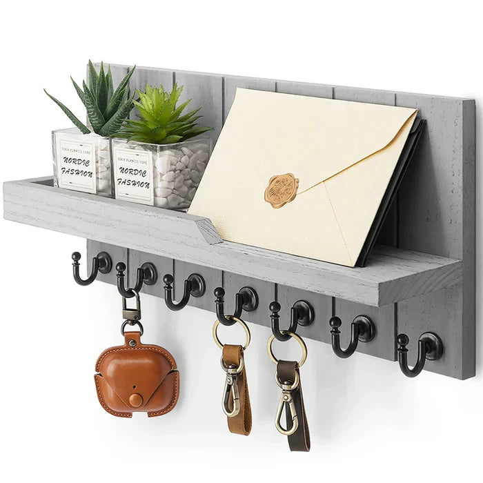 EntryMate | Houten Sleutelhouder met Plank – Wandgemonteerd, 7 Haken, Stijlvolle Organisatie