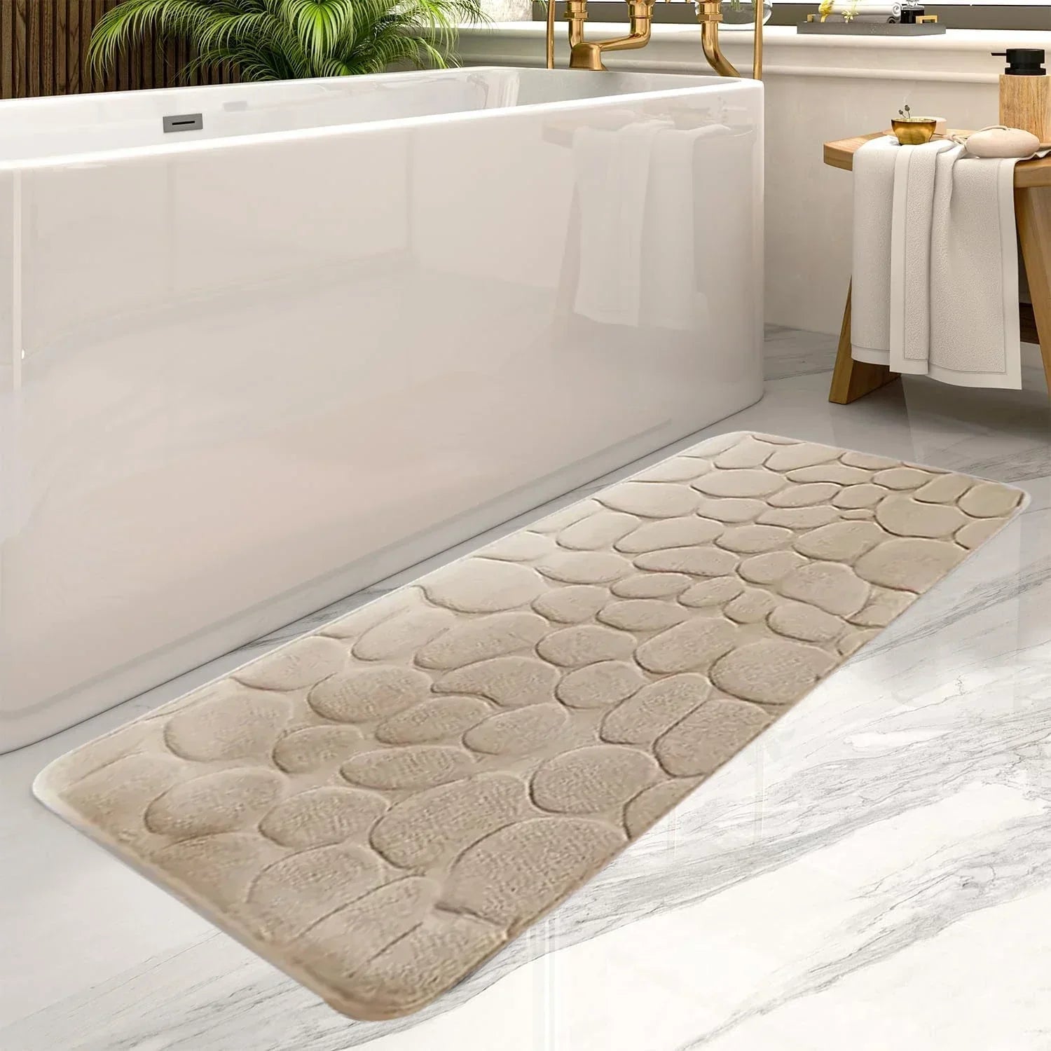 Pebbly | Lange badmat met steenpatroon - superabsorberend, antislip, sneldrogend