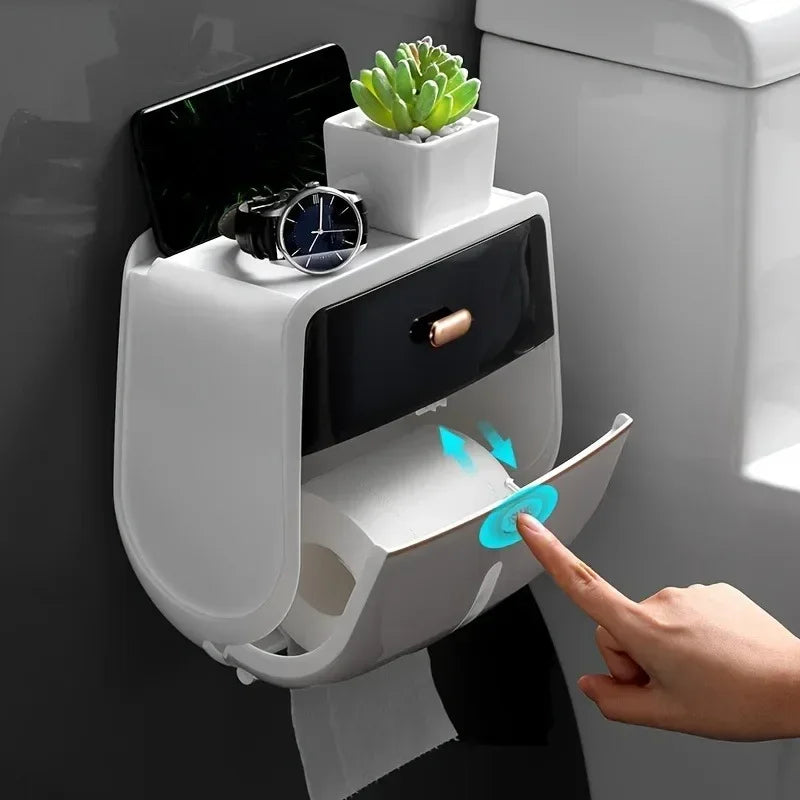 TissueDock | Wand gemonteerde dubbellaagse tissue box organizer met opbergruimte, badkamer dispenser, waterdicht en eenvoudig na te vullen