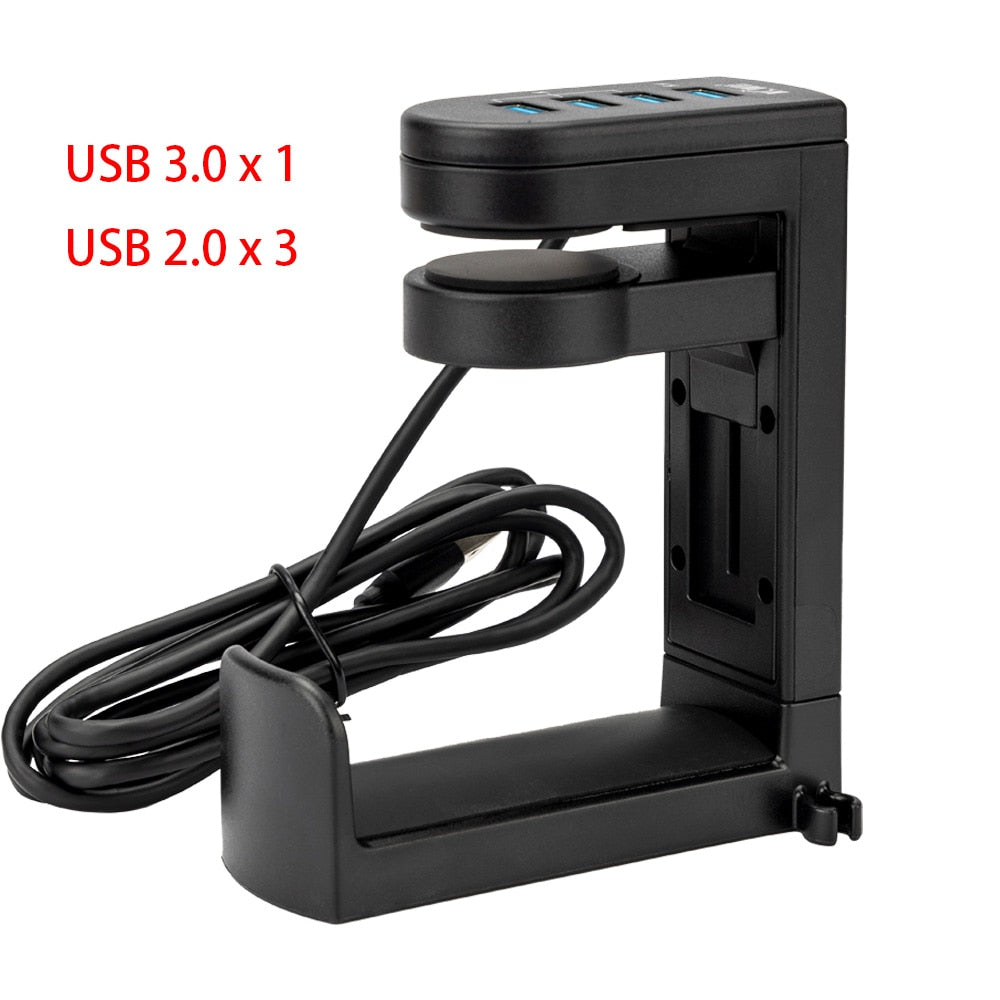 HeadHub | cUSB-hub en headsetrek voor onder het bureau – 4 poorten USB 3.0/2.0, plug-and-play, compacte bureau-organizer voor de werkplek