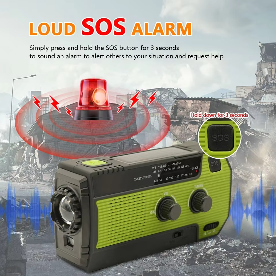 RescueWave | Zonne-noodradio – 5-voudige voeding, handslinger, USB, zonne-energie, batterij, zaklamp en AM/FM-waarschuwing