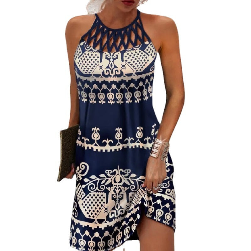 Asha | Chique midi jurk met print voor dames – halter zomerjurk voor strand