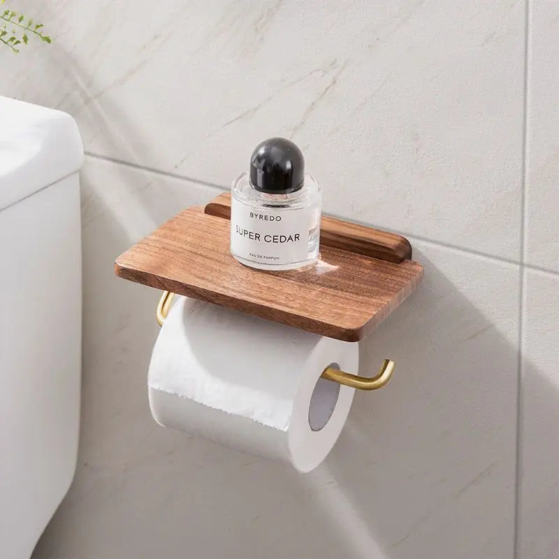 OakHaven | Rustieke houten toiletrolhouder met geïntegreerd plankje – elegante badkameropbergruimte