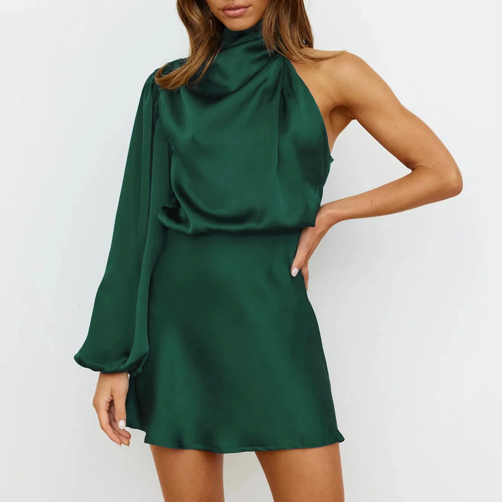 Vyella | Satijnen Halter Mini Jurk – Elegante Mouwloze Jurk met Lange Mouw voor Avondgelegenheden